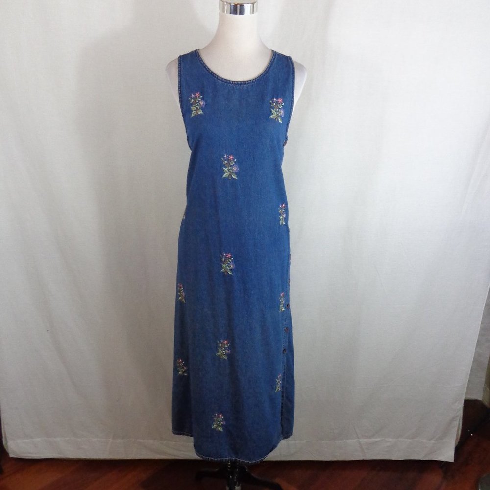 ERIKA & CO. WOMEN'S DENIM JUMPER DRESS SZ S FLORAL